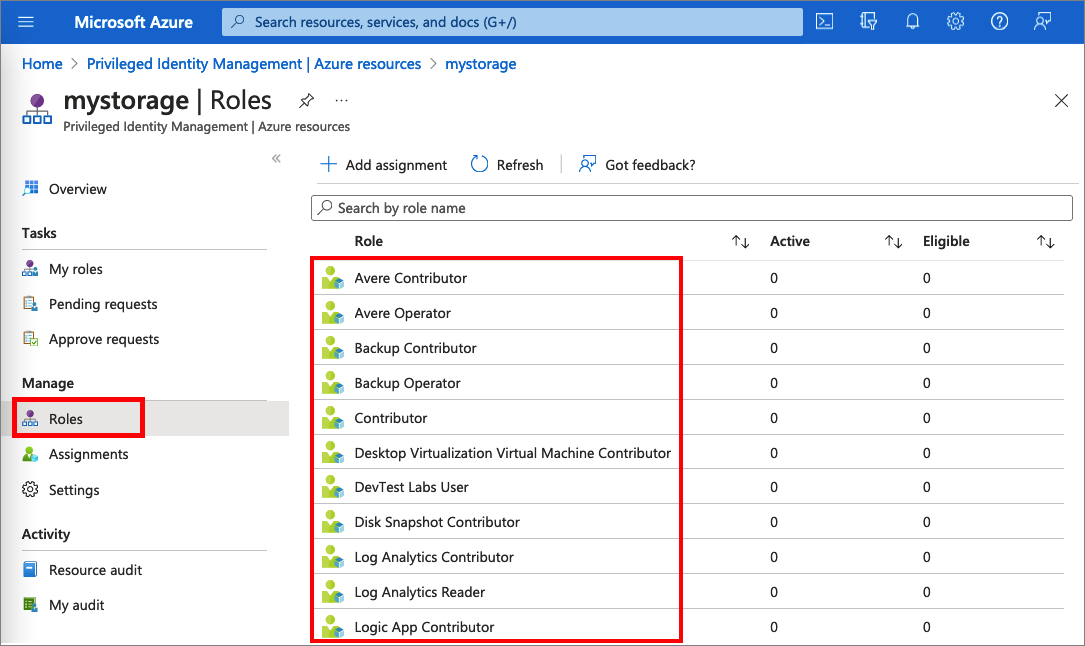 Snímek obrazovky znázorňující role účtu služby Azure Storage