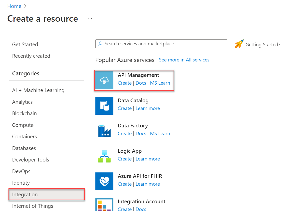 Snímek obrazovky s vytvořením nové instance služby Azure API Management