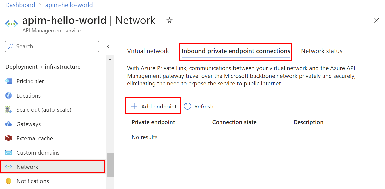 Snímek obrazovky znázorňující, jak přidat privátní koncový bod pomocí webu Azure Portal