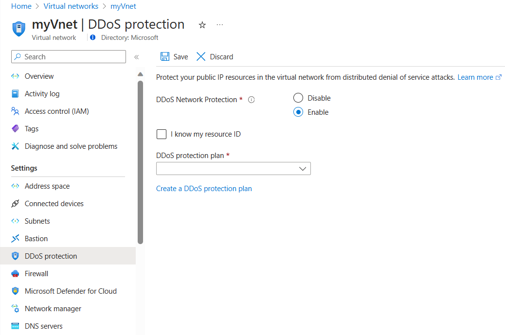 Snímek obrazovky s povolením plánu DDoS Protection ve virtuální síti na webu Azure Portal