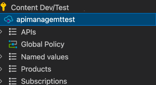 Nově vytvořená instance služby API Management v podokně rozšíření API Management VS Code