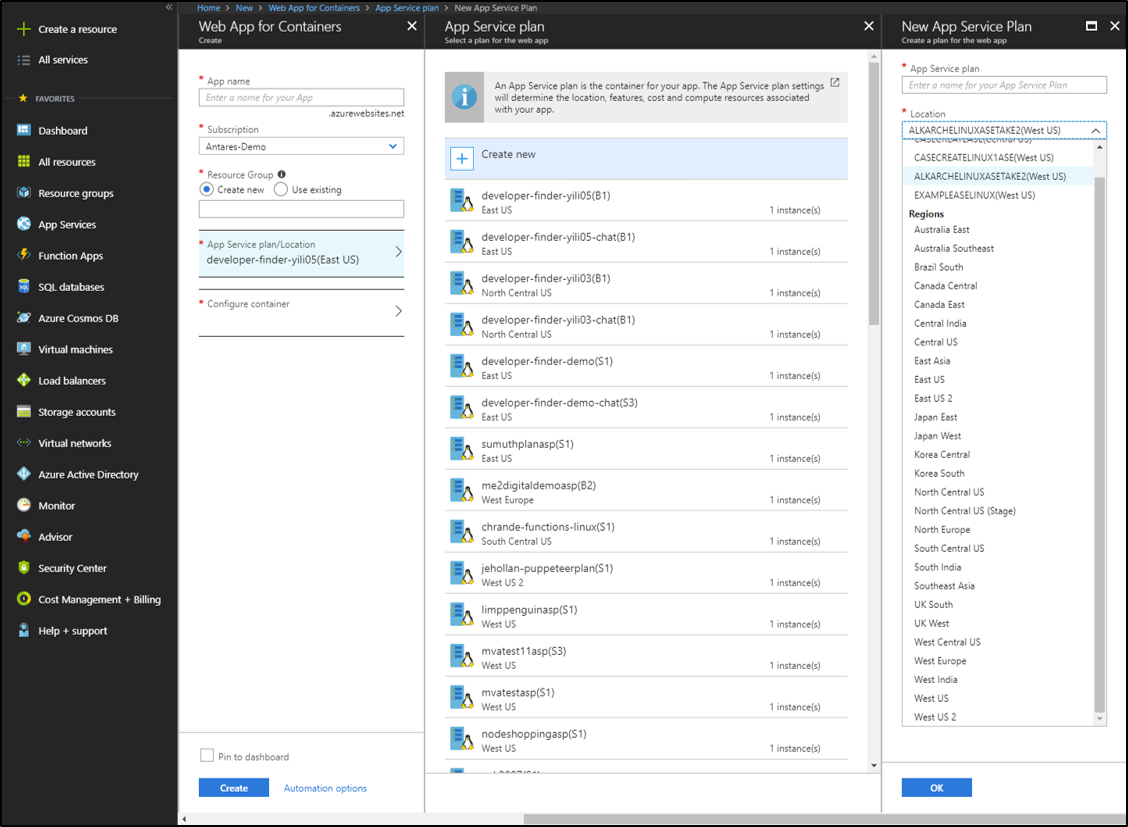 Snímek obrazovky webu Azure Portal zobrazující podokno Web App for Containers, podokno plánu služby App Service a otevřené podokno Nový plán služby App Service