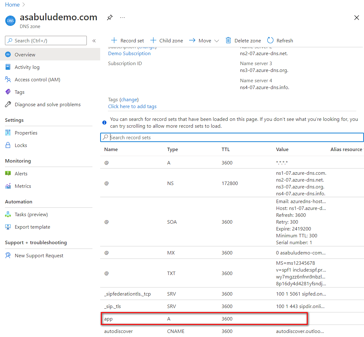 Snímek obrazovky s přidáním sady záznamů pro mapování názvu domény aplikace na veřejnou IP adresu služby Application Gateway