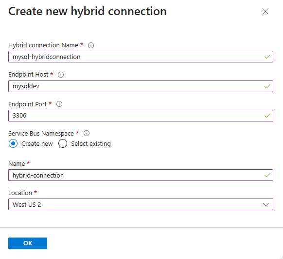 Screenshot of Create new hybrid connection dialog box.