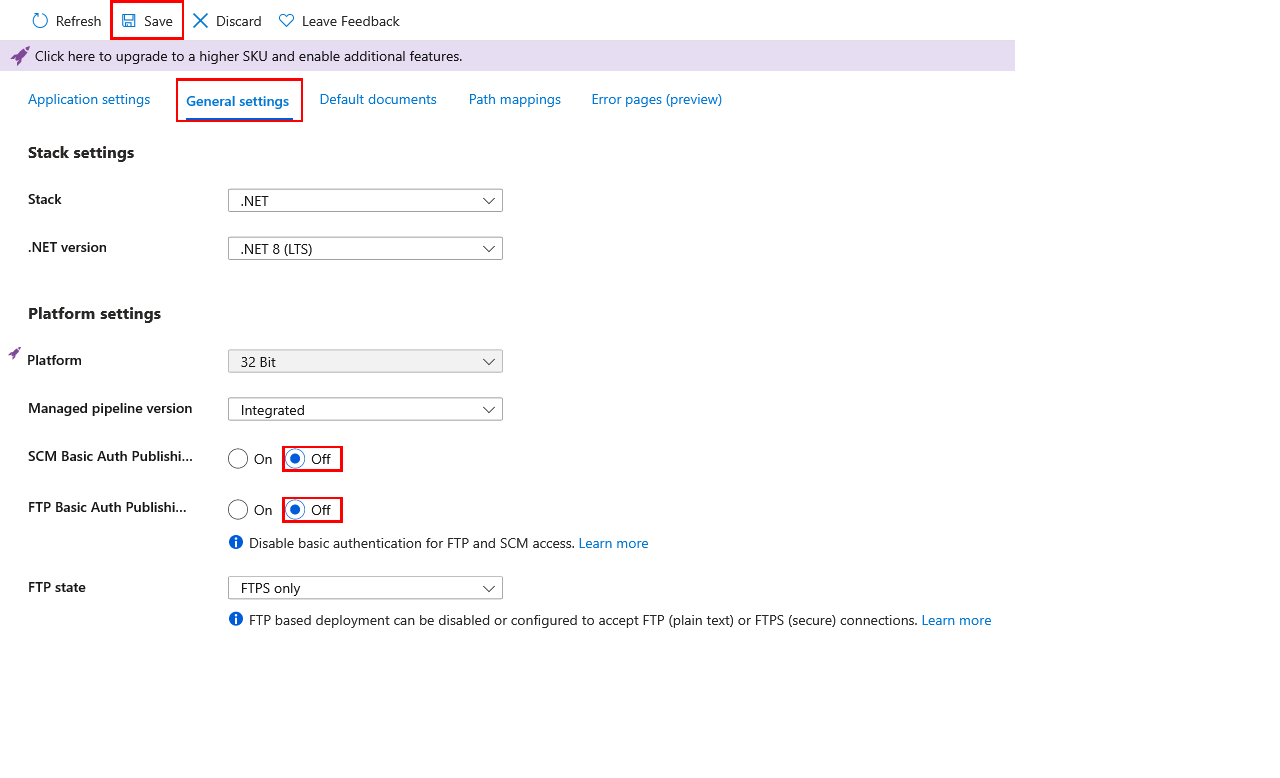 Snímek obrazovky znázorňující, jak zakázat základní ověřování pro službu Aplikace Azure Na webu Azure Portal