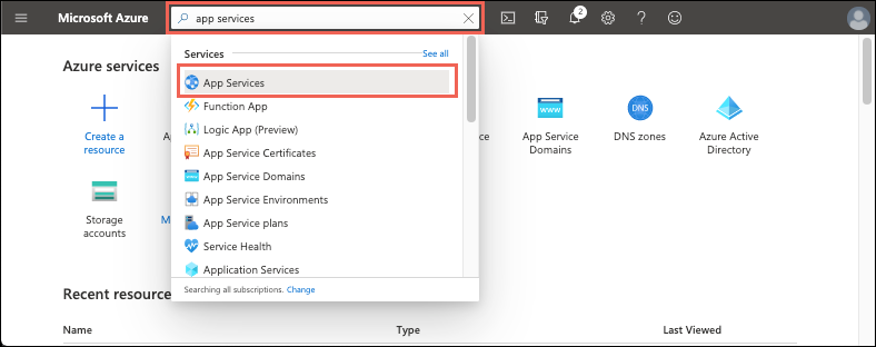 Snímek obrazovky webu Azure Portal – Výběr možnosti App Services