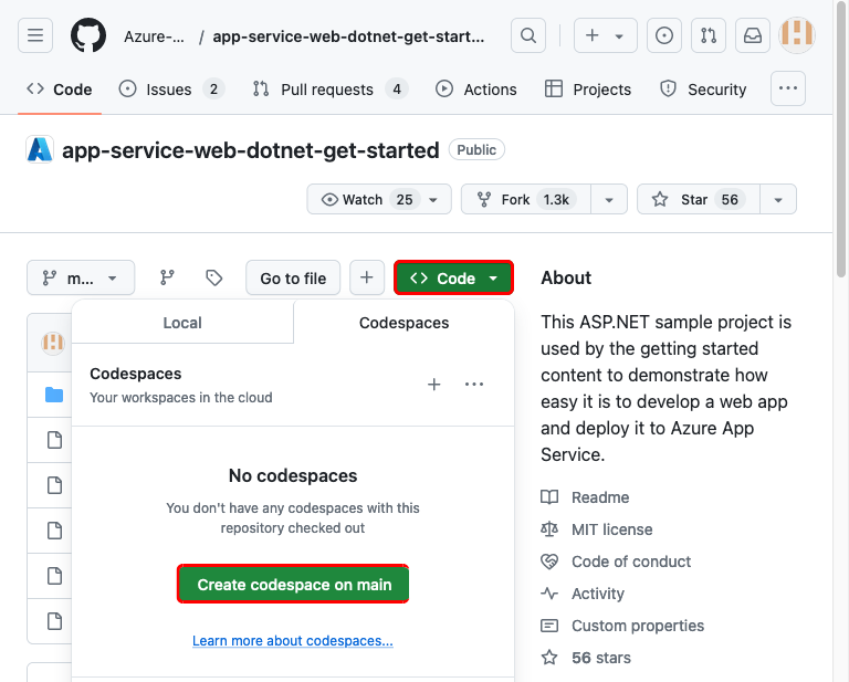 Snímek obrazovky znázorňující, jak vytvořit prostor kódu ve forkued app-service-web-dotnet-get-started úložiště GitHub