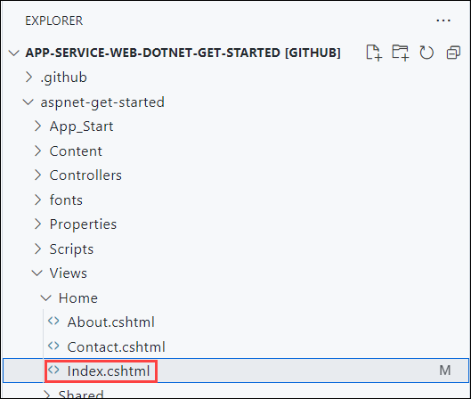 Snímek obrazovky s oknem Průzkumníka z editoru Visual Studio Code v prohlížeči a zvýrazněním souboru Index.cshtml v úložišti app-service-web-dotnet-get-started