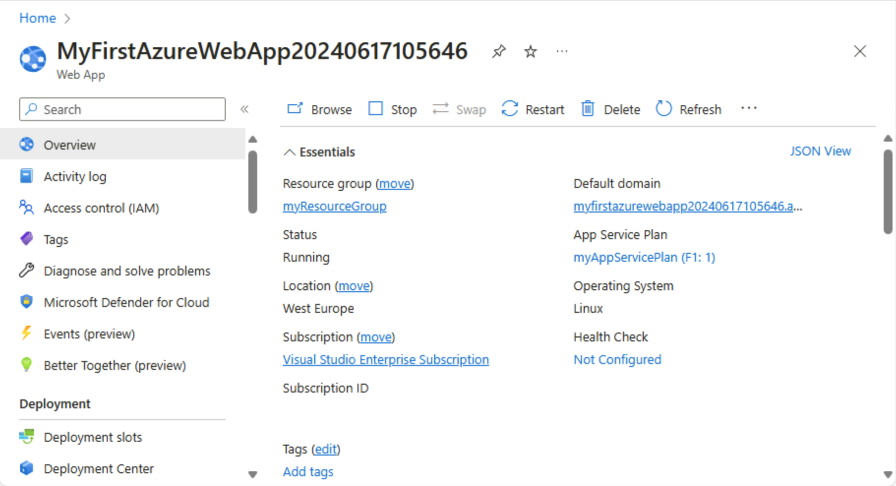 Snímek obrazovky webu Azure Portal – stránka s přehledem služby App Service