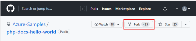 Snímek obrazovky s úložištěm Azure-Samples/php-docs-hello-world na GitHubu se zvýrazněnou možností Fork