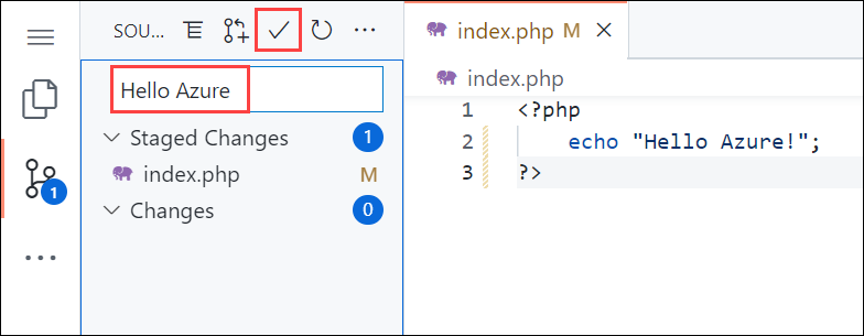 Snímek obrazovky editoru Visual Studio Code v prohlížeči, na panelu Správa zdrojového kódu se zvýrazněnou zprávou o potvrzení 