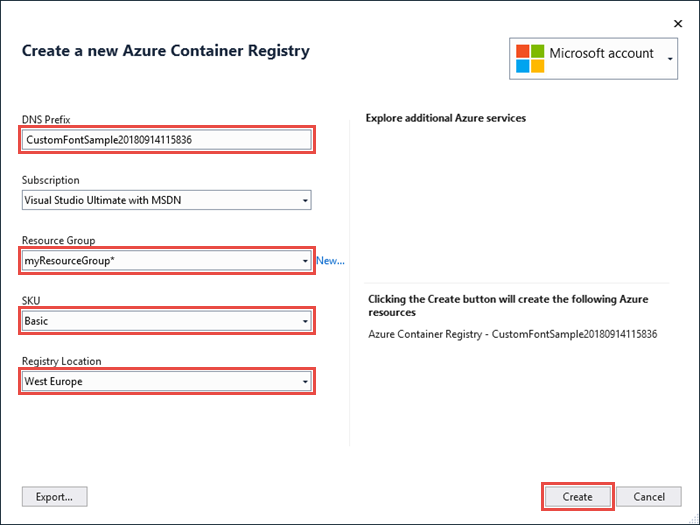 Snímek obrazovky se stránkou Vytvořit novou službu Azure Container Registry