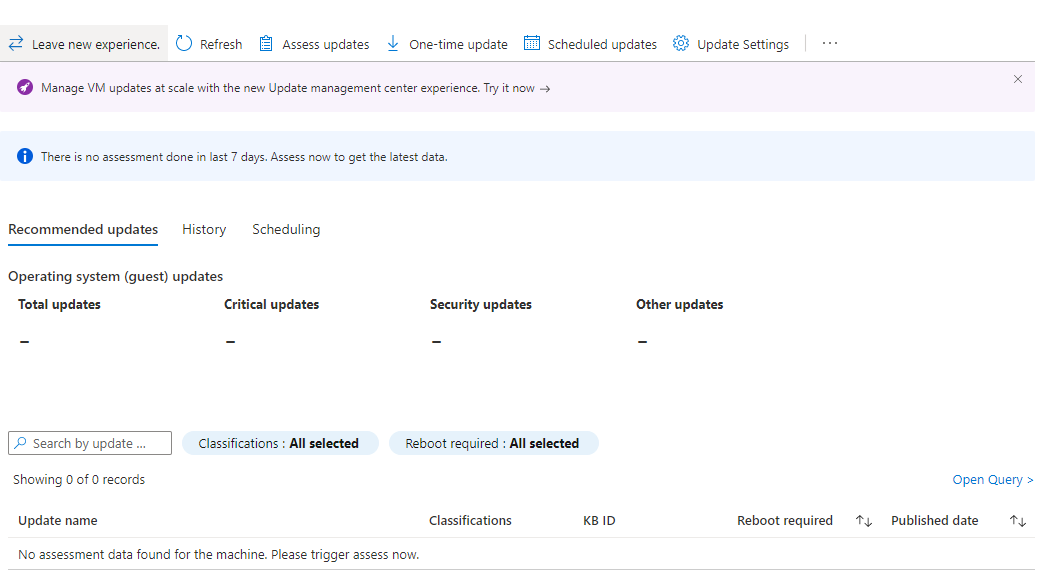 Snímek obrazovky se zobrazením posouzení řešení Update Management pro servery s podporou arc