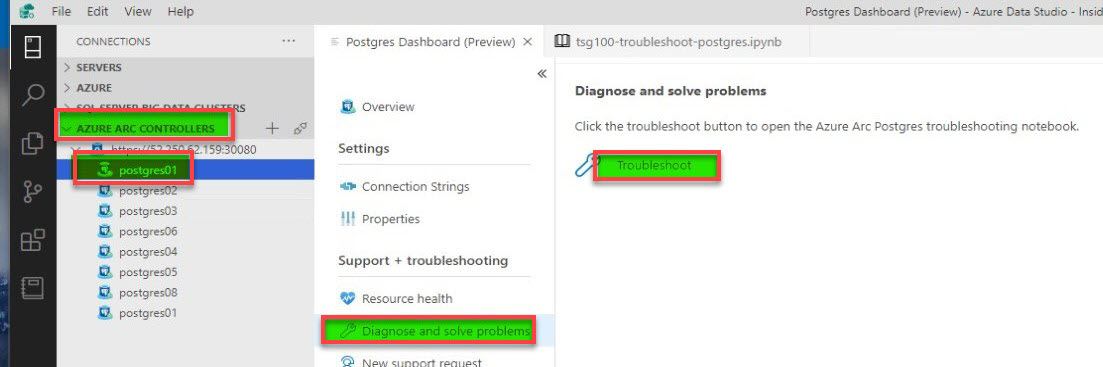 Azure Data Studio – Otevření poznámkového bloku pro řešení potíží s PostgreSQL