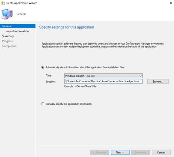 Snímek obrazovky s Průvodce vytvořením aplikace v nástroji Configuration Manager