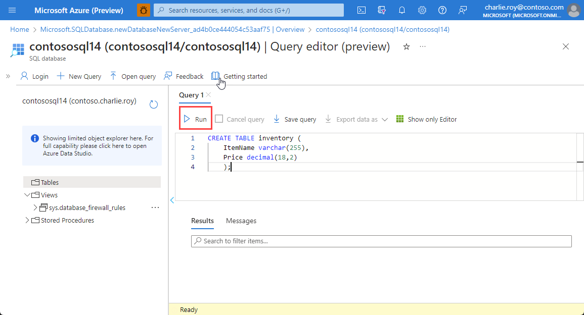 Snímek obrazovky znázorňující vytvoření tabulky v Editor Power Query prostředku Azure SQL