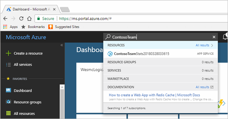 Snímek obrazovky znázorňující, jak najít aplikaci na webu Azure Portal