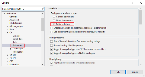 Snímek obrazovky s konfigurací analyzátoru Roslyn v sadě Visual Studio