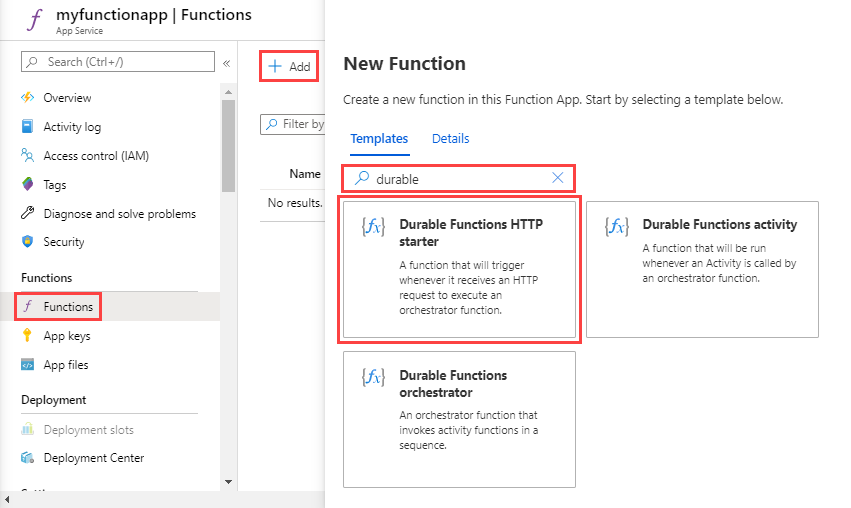 Výběr úvodní sady HTTP Durable Functions