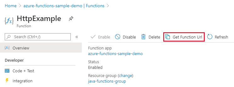 Kopírování adresy URL funkce z webu Azure Portal