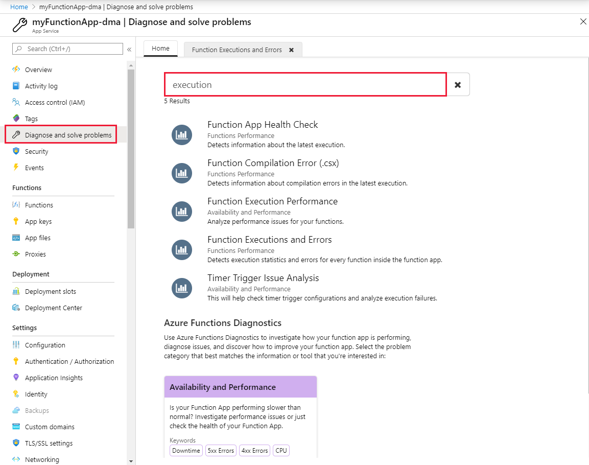 Vyhledejte diagnostiku Azure Functions.