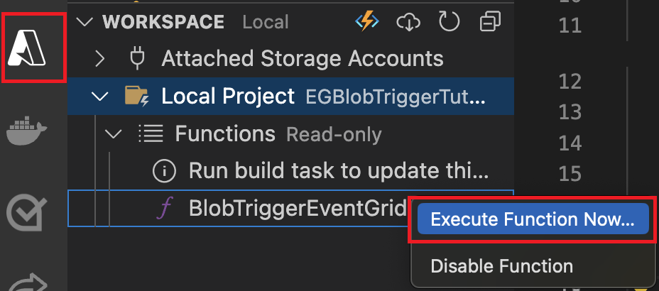 Snímek obrazovky znázorňující, jak vybrat tlačítko Spustit funkci nyní z funkce v pracovním prostoru místního projektu v editoru Visual Studio Code