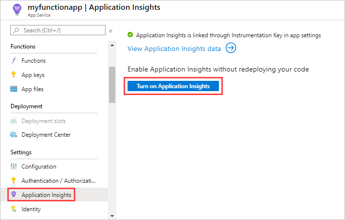 Otevření Application Insights ze stránky Přehled aplikace funkcí