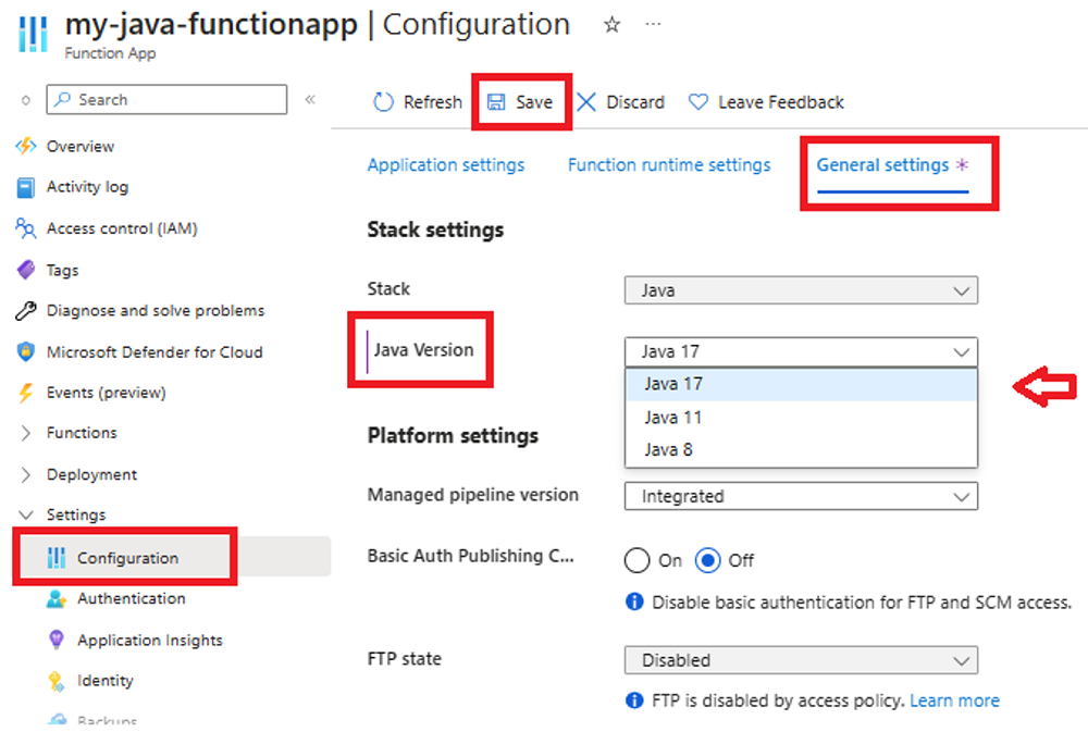 Snímek obrazovky znázorňuje, jak nastavit požadovanou verzi Javy pro aplikaci funkcí na webu Azure Portal.