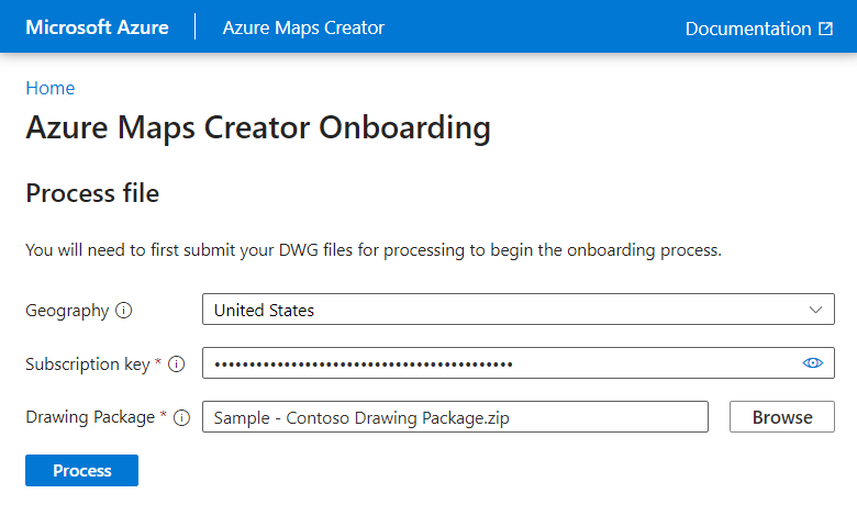 Snímek obrazovky se souborem procesu v nástroji pro onboarding Azure Maps Creator