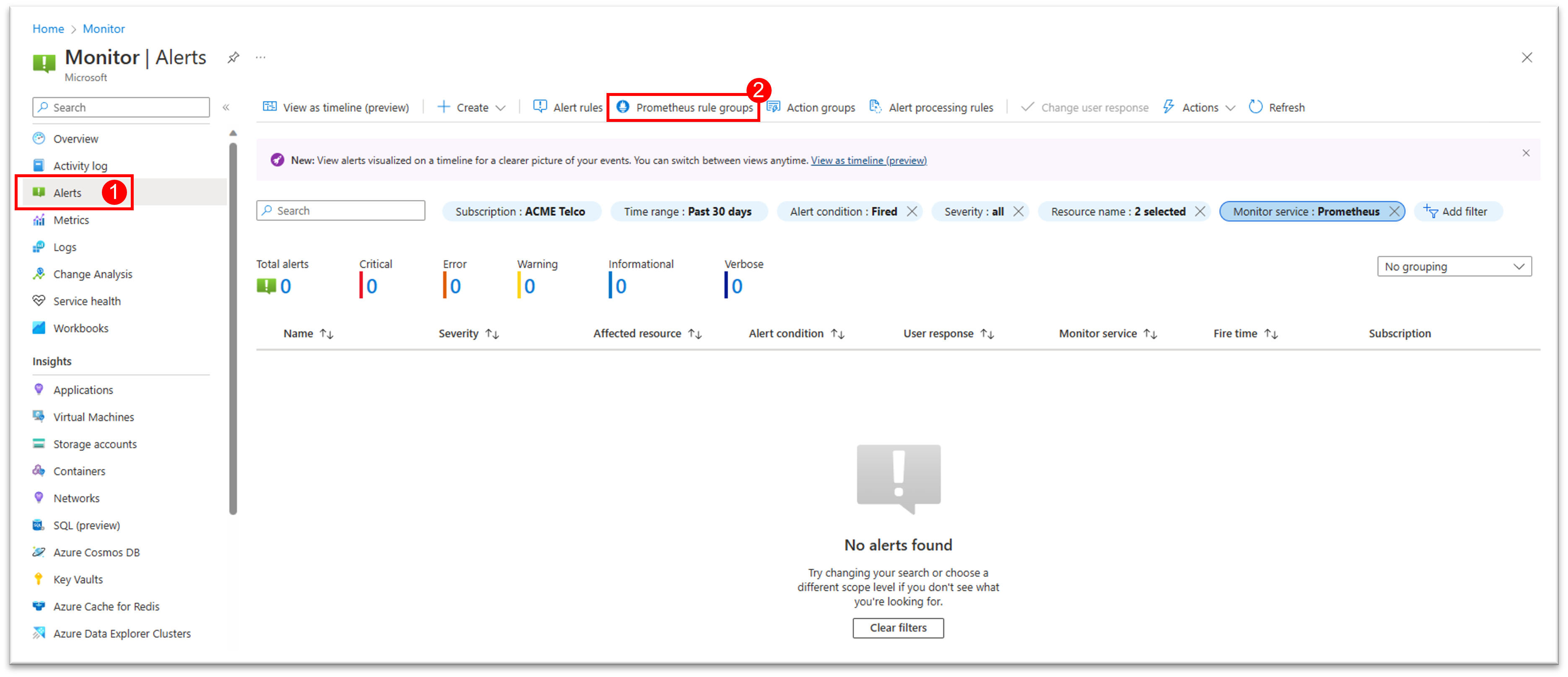 Snímek obrazovky znázorňující, jak se dostat ke skupinám pravidel Prometheus z obrazovky upozornění služby Azure Monitor