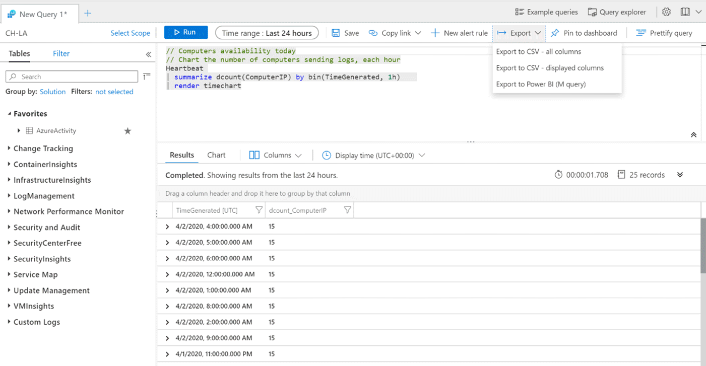 Snímek obrazovky s dotazem Log Analytics s možností data a exportu