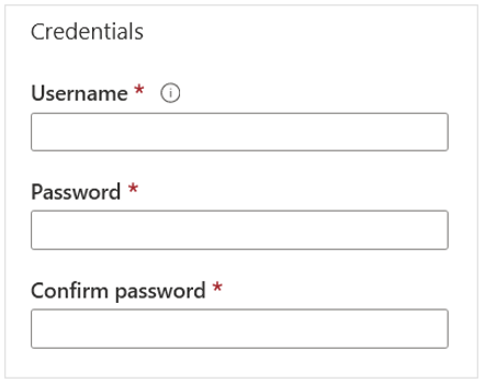 Snímek obrazovky zobrazující pole přihlašovacích údajů služby Active Directory zobrazující pole uživatelského jména, hesla a potvrzení hesla