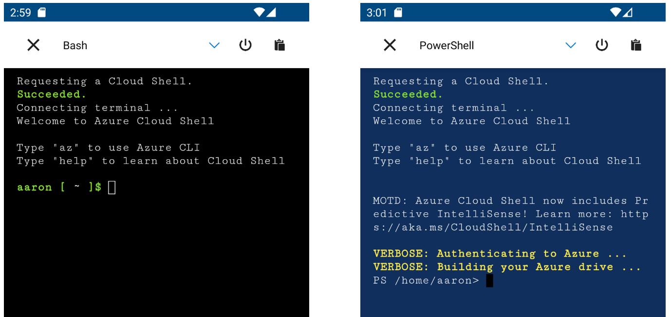 Snímek obrazovky s možnostmi Bash a PowerShellu pro Cloud Shell v mobilní aplikaci Azure