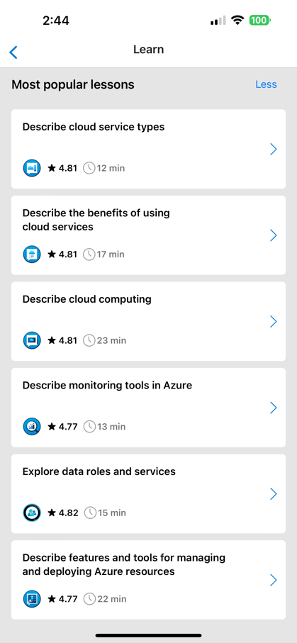 Snímek obrazovky znázorňující 10 nejoblíbenějších lekcí v mobilní aplikaci Azure