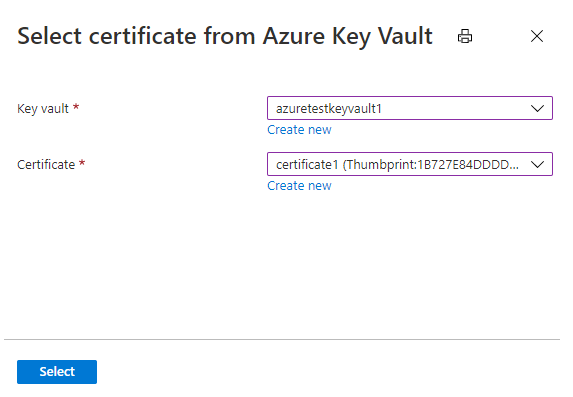 Výběr certifikátu Microsoft.KeyVault.KeyVaultCertificateSelector