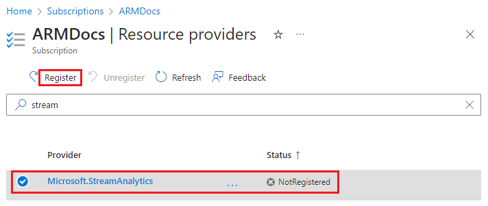 Snímek obrazovky s registrací poskytovatele prostředků na webu Azure Portal