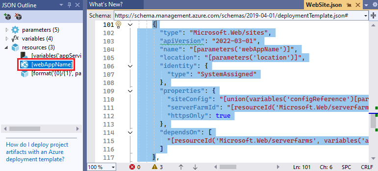 Snímek obrazovky editoru sady Visual Studio s vybraným prvkem v okně Osnova JSON