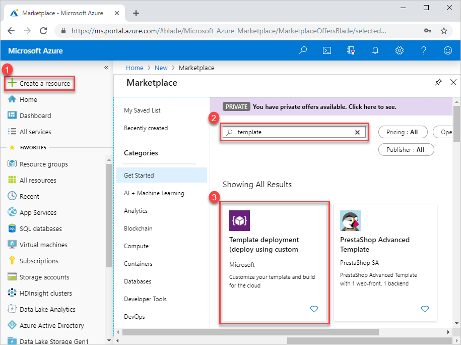 Snímek obrazovky s hledáním nasazení šablony na webu Azure Portal