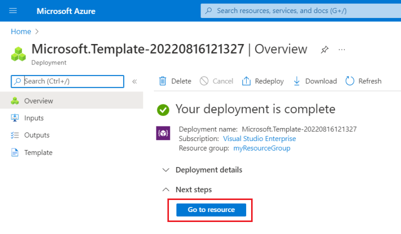 Snímek obrazovky s oznámením o úspěšném nasazení na webu Azure Portal