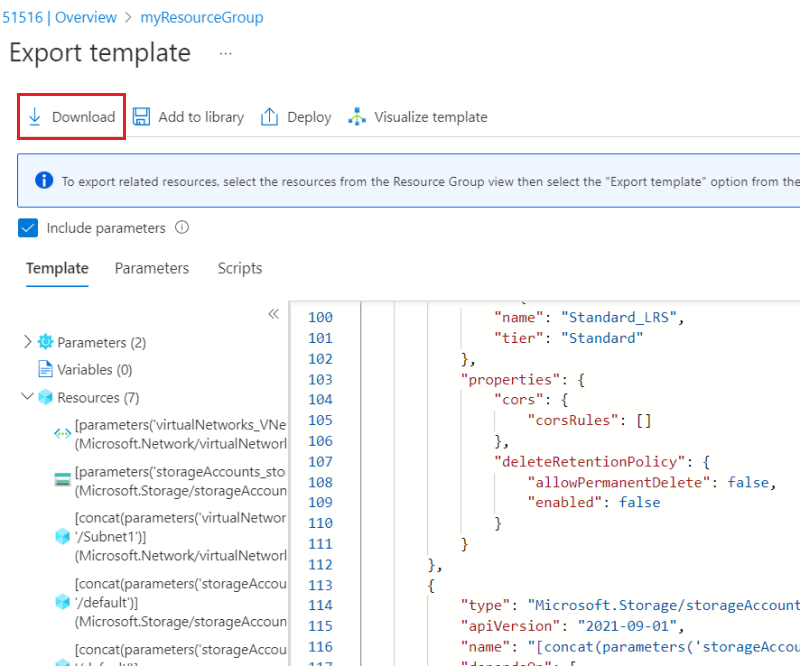 Snímek obrazovky s tlačítkem pro stažení pro exportovanou šablonu ARM na webu Azure Portal