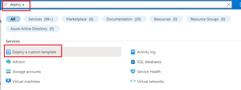 Snímek obrazovky s hledáním vlastní šablony na webu Azure Portal