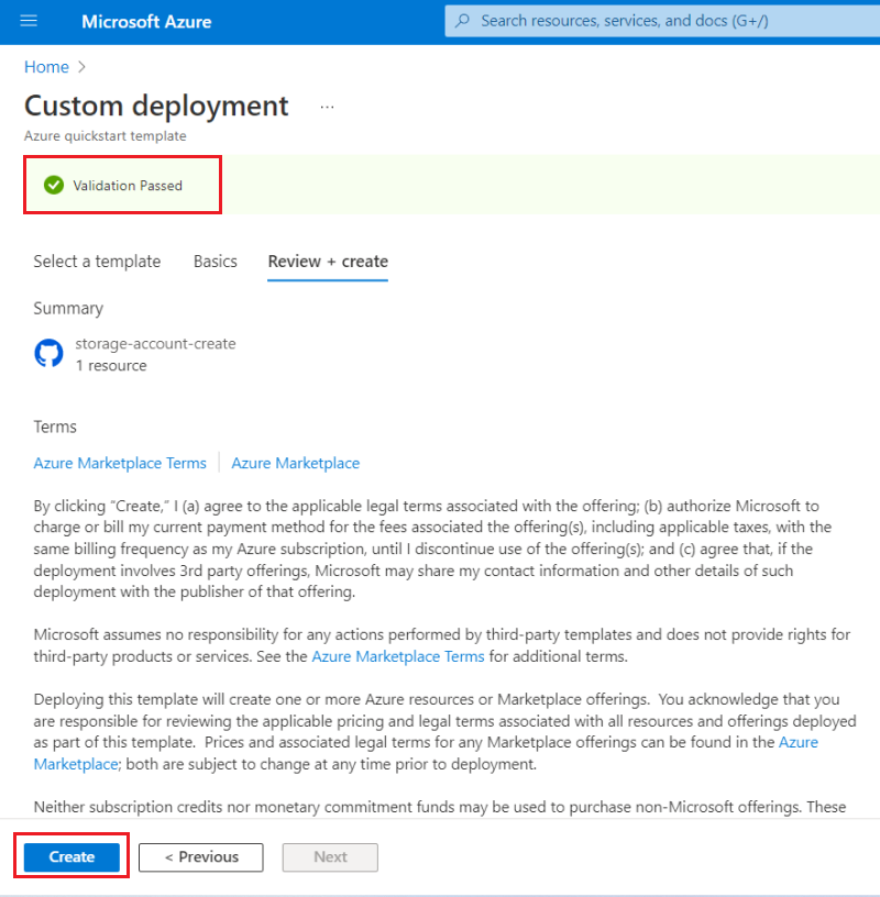 Snímek obrazovky s ověřením šablony a tlačítkem Vytvořit na webu Azure Portal