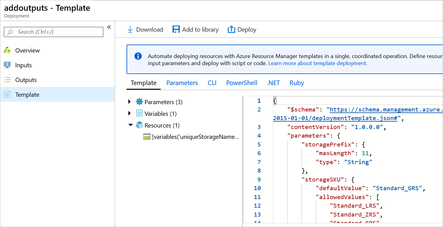 Snímek obrazovky s Azure Portal znázorňující šablonu nasazení