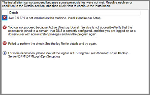 Azure Backup Server – Požadavky na instalaci nejsou splněné