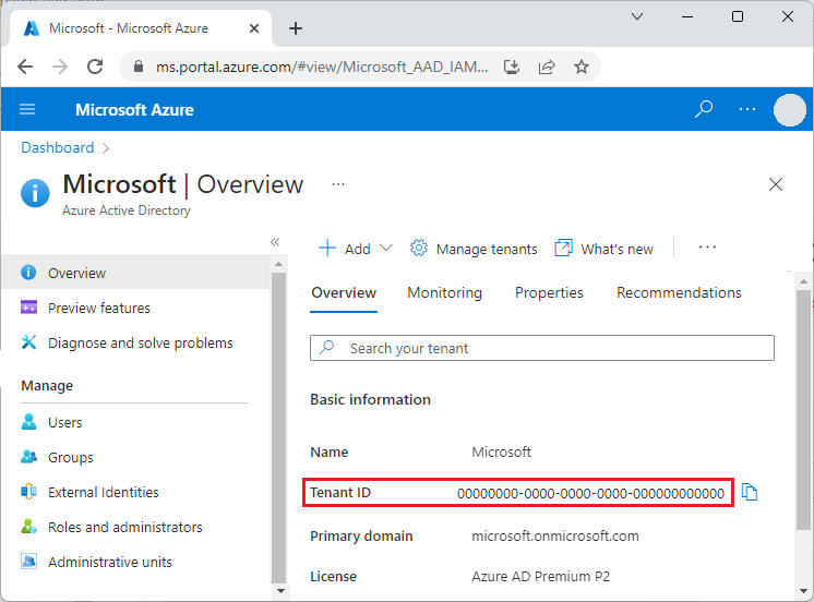 Snímek obrazovky s ID tenanta na webu Azure Portal