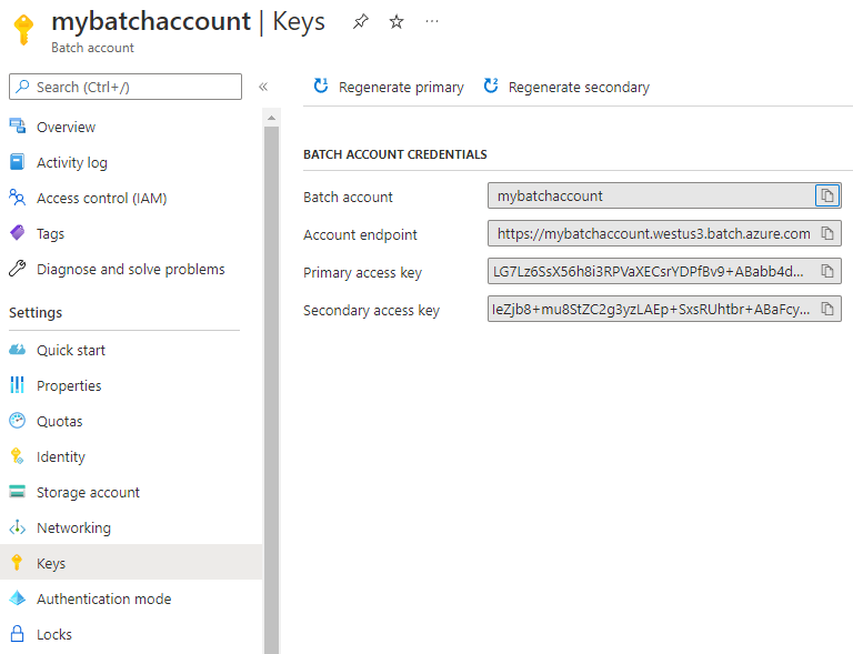 Snímek obrazovky s klíči účtu Batch na webu Azure Portal