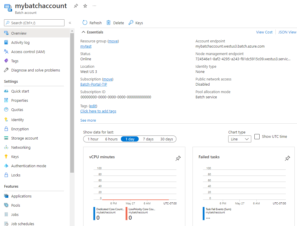 Snímek obrazovky se stránkou účtu Batch na webu Azure Portal