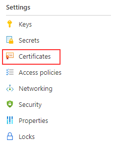 Obrázek znázorňující výběr možnosti certifikátů v okně zásad trezoru klíčů na webu Azure Portal