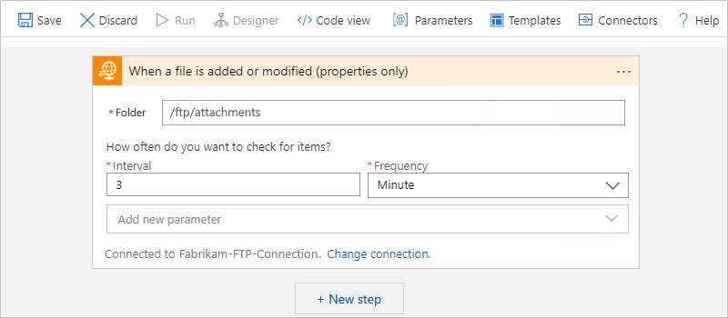 Snímek obrazovky znázorňující návrháře pracovního postupu Consumption, trigger FTP a vlastnost Folder (Složka) s vybranou složkou