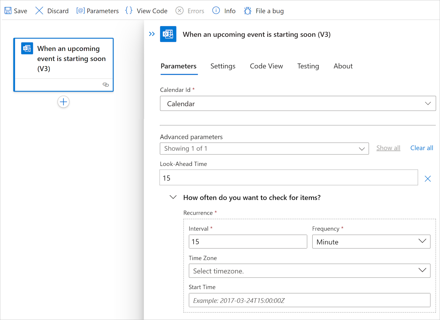 Snímek obrazovky s parametry webu Azure Portal, standardního pracovního postupu a triggeru